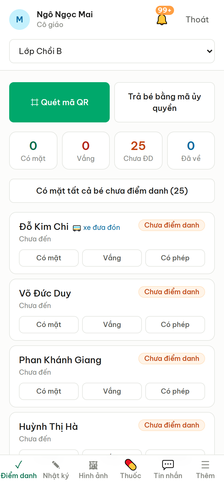 Ứng dụng cô giáo Mangnon: điểm danh cả lớp