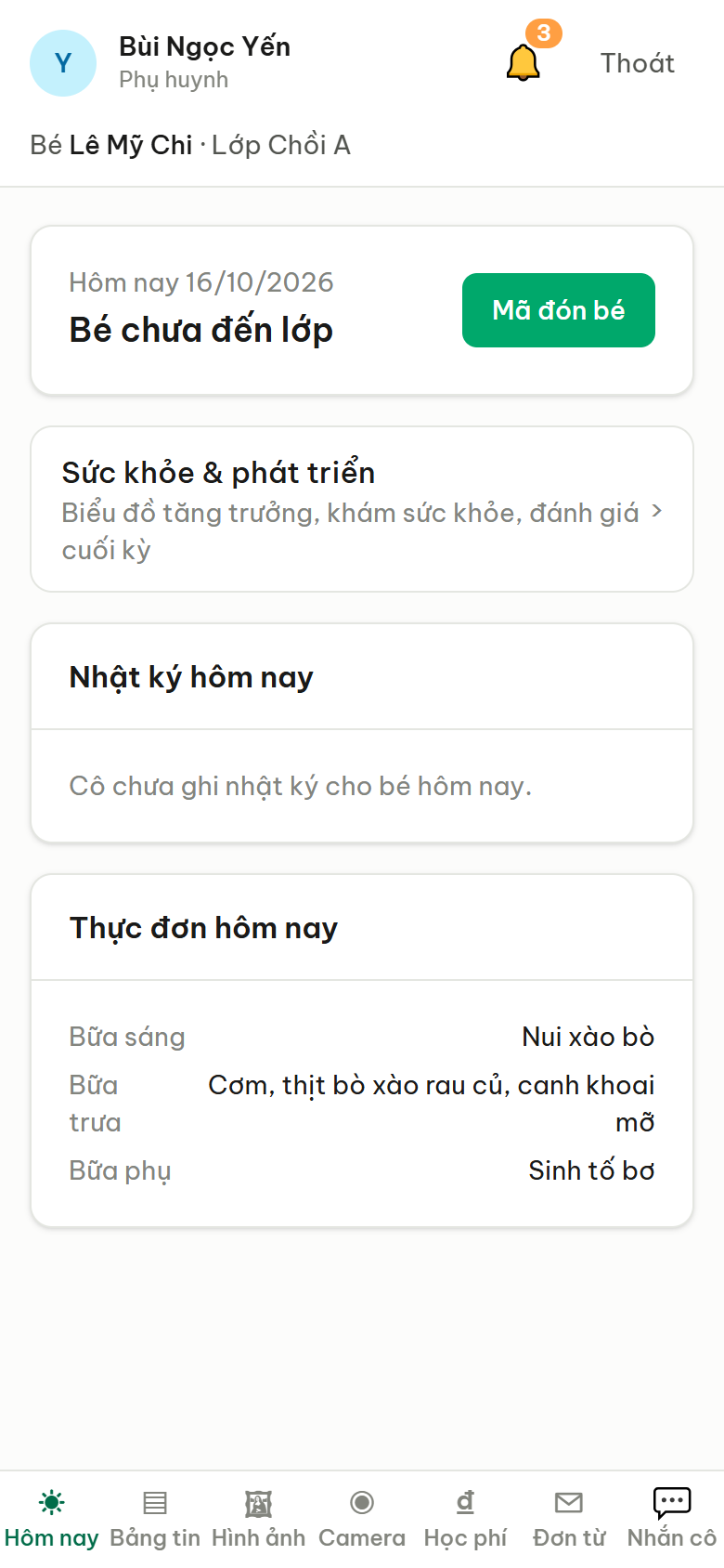 Ứng dụng phụ huynh Mangnon: nhật ký và thực đơn hôm nay