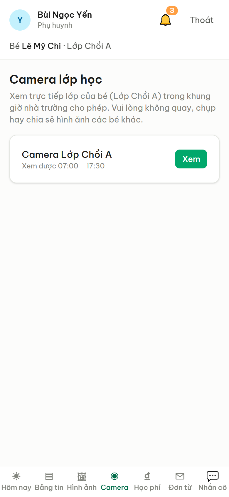 Phụ huynh xem camera lớp trong ứng dụng